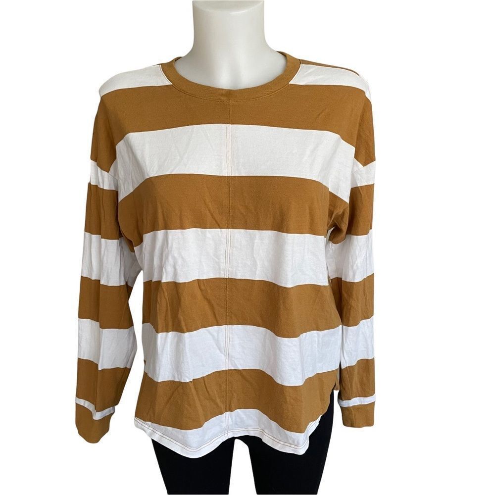 MADEWELL ROUND NECK STRIPE MUSTARD/ WHITE LONGSLEEVE TOP 100% COTTON SZ small